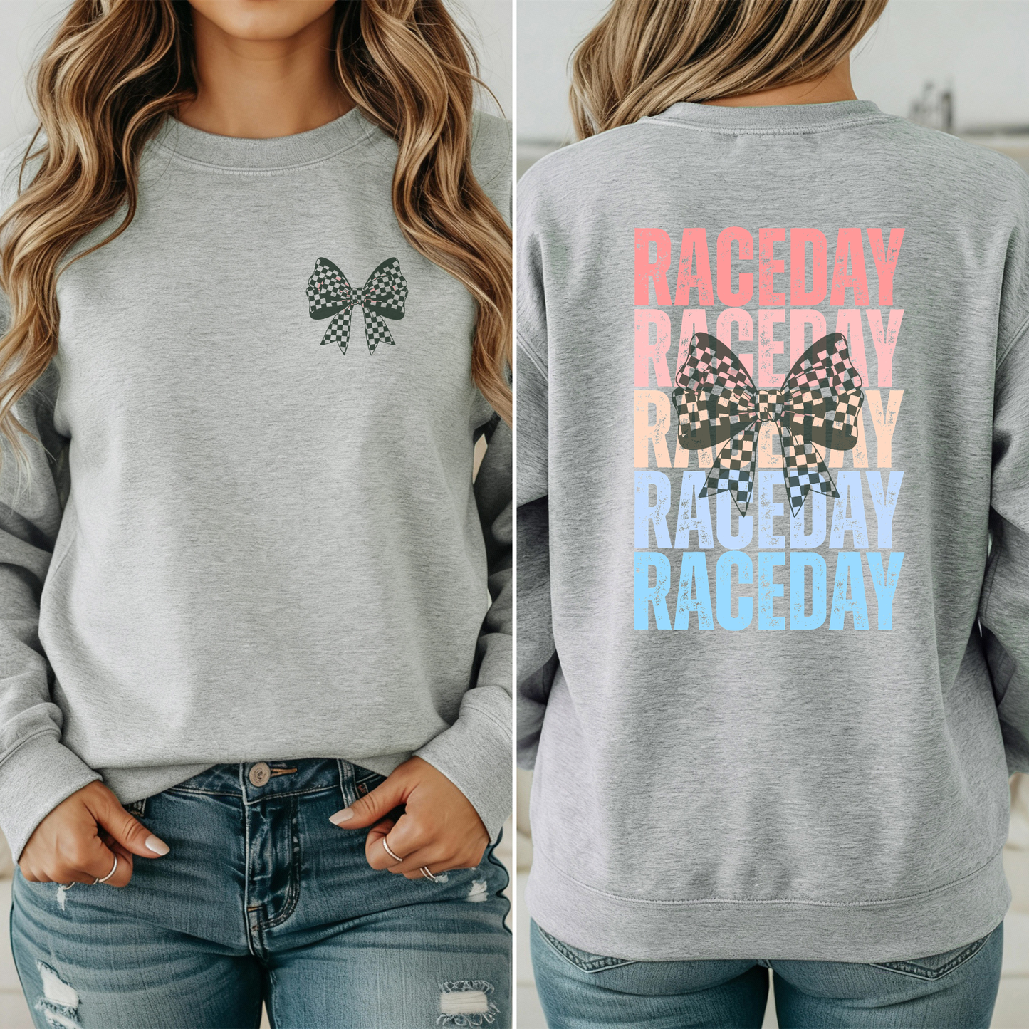 Raceday with Checkered BowCrewneck Sweatshirt, Racetrack Apparel, Racing Sweatshirt