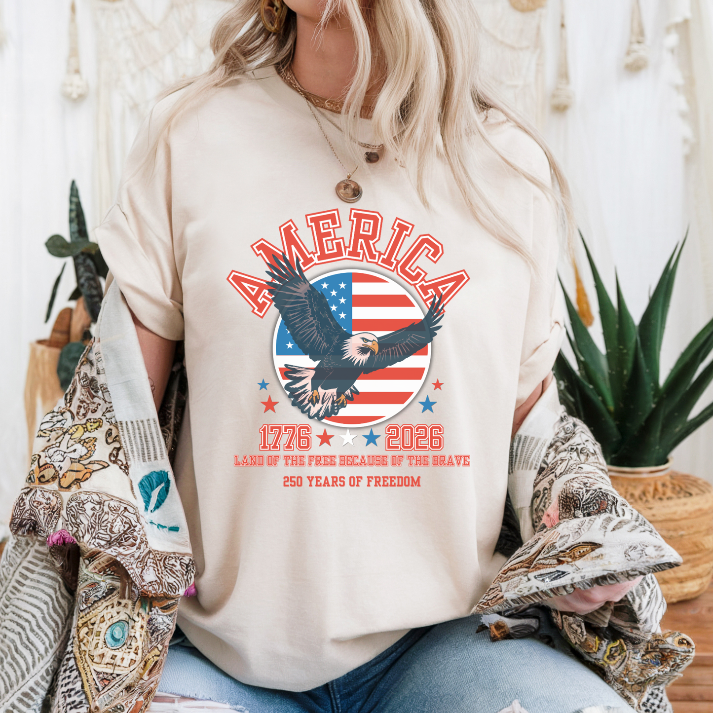 AMERICA Land of the Free Because of the Brave Tee, Soaring Eagle, 250th Anniversary, Independence Day Shirt, 1776 Shirt, 4th of July Shirt