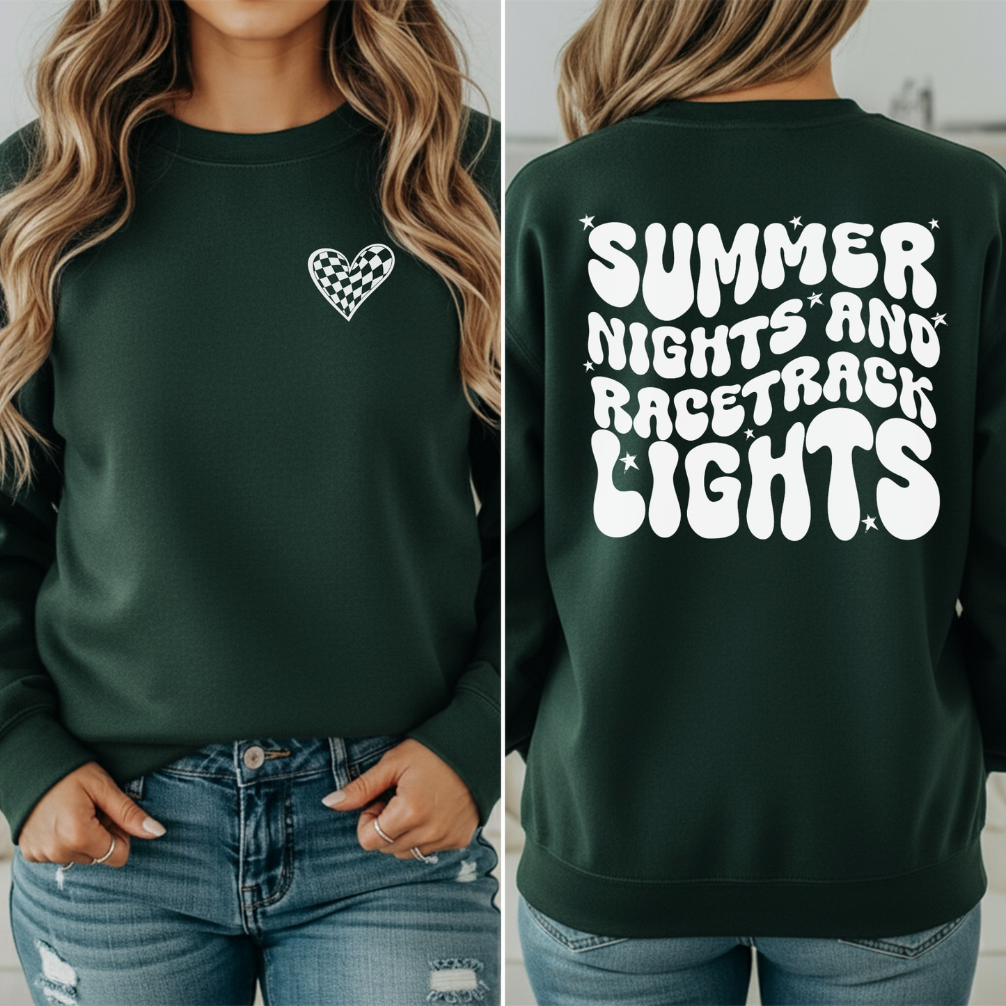 Summer Nights and Racetrack Lights Crewneck Sweatshirt, Race Track Apparel, Summer Nights, Race Day, Racing