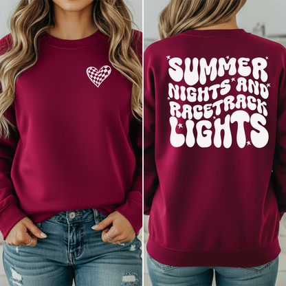 Summer Nights and Racetrack Lights Crewneck Sweatshirt, Race Track Apparel, Summer Nights, Race Day, Racing