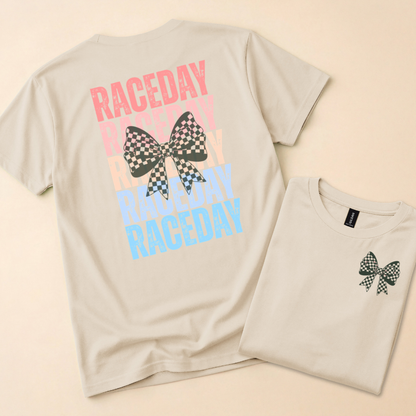 Raceday with Checkered Bow T-Shirt, Crewneck Tee, Racetrack Apparel, Racing Tee