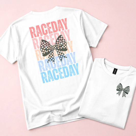 Raceday with Checkered Bow T-Shirt, Crewneck Tee, Racetrack Apparel, Racing Tee