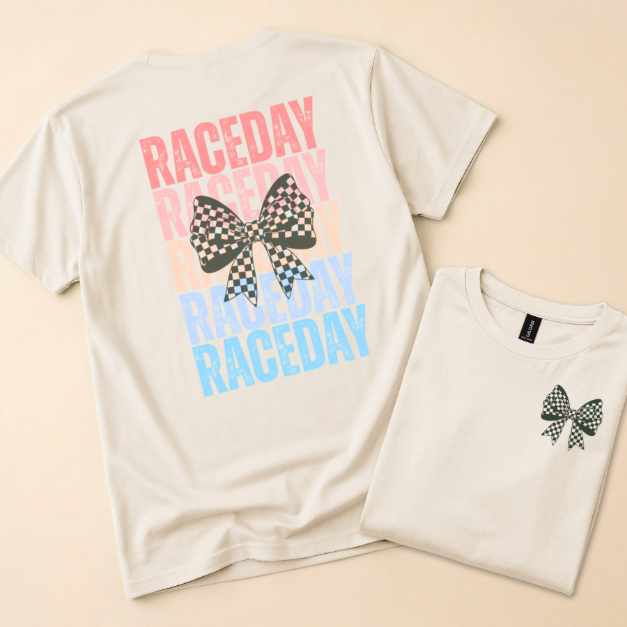 Raceday with Checkered Bow T-Shirt, Crewneck Tee, Racetrack Apparel, Racing Tee