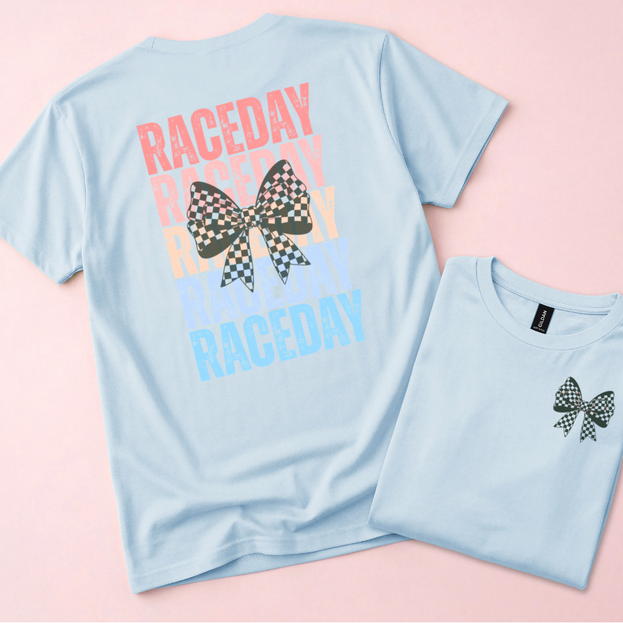 Raceday with Checkered Bow T-Shirt, Crewneck Tee, Racetrack Apparel, Racing Tee