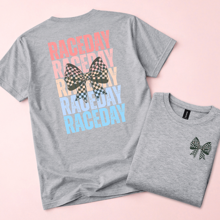 Raceday with Checkered Bow T-Shirt, Crewneck Tee, Racetrack Apparel, Racing Tee