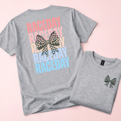 Raceday with Checkered Bow T-Shirt, Crewneck Tee, Racetrack Apparel, Racing Tee