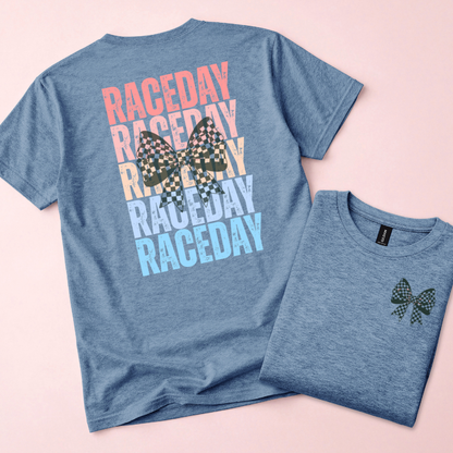 Raceday with Checkered Bow T-Shirt, Crewneck Tee, Racetrack Apparel, Racing Tee