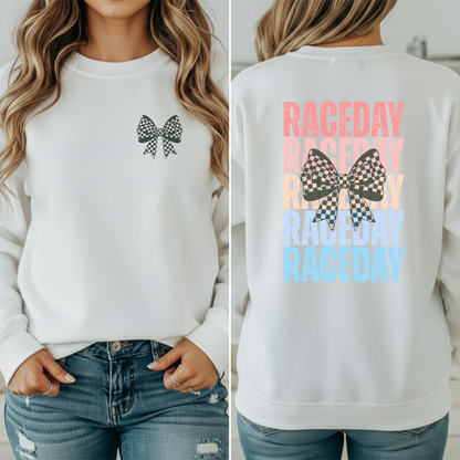 Raceday with Checkered BowCrewneck Sweatshirt, Racetrack Apparel, Racing Sweatshirt