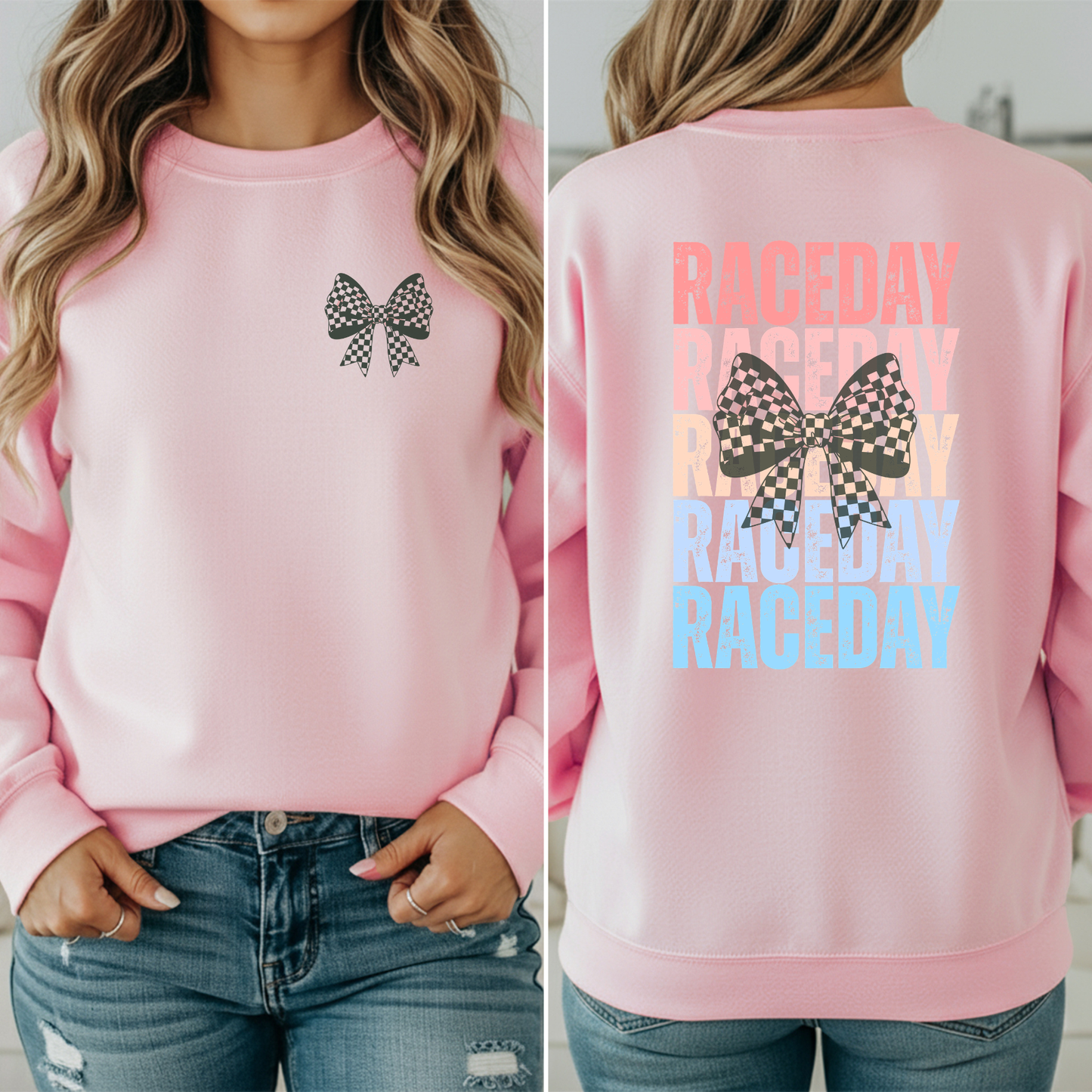 Raceday with Checkered BowCrewneck Sweatshirt, Racetrack Apparel, Racing Sweatshirt