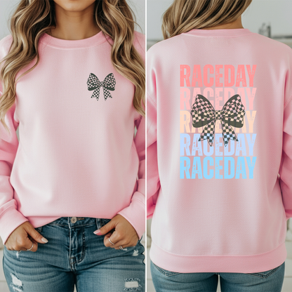 Raceday with Checkered BowCrewneck Sweatshirt, Racetrack Apparel, Racing Sweatshirt