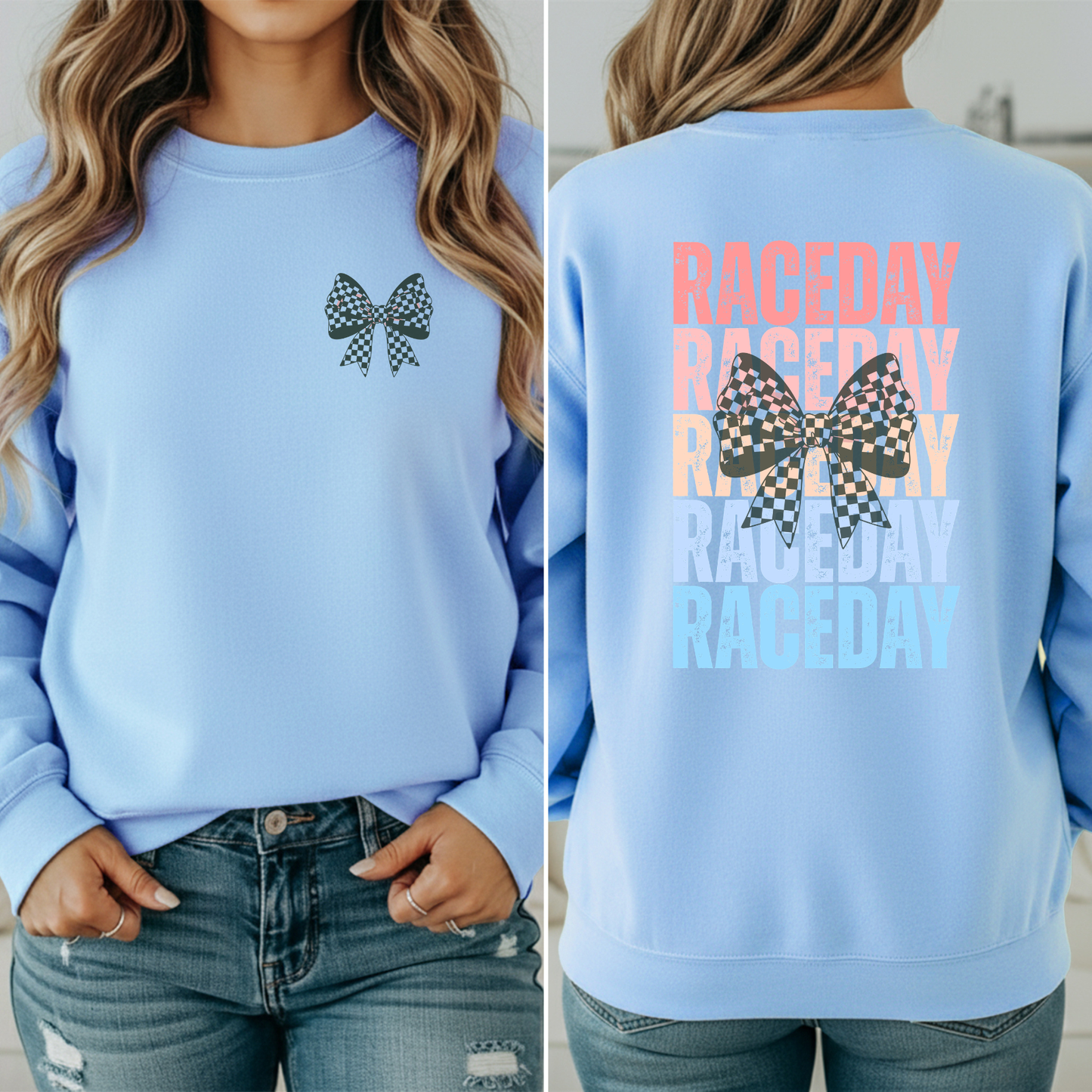 Raceday with Checkered BowCrewneck Sweatshirt, Racetrack Apparel, Racing Sweatshirt