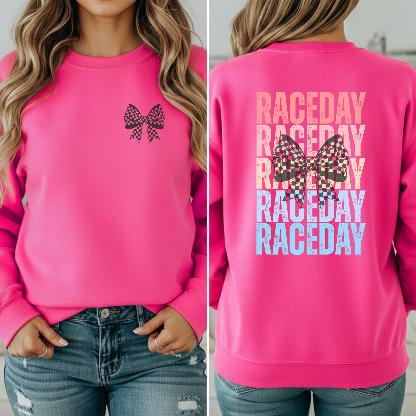 Raceday with Checkered BowCrewneck Sweatshirt, Racetrack Apparel, Racing Sweatshirt