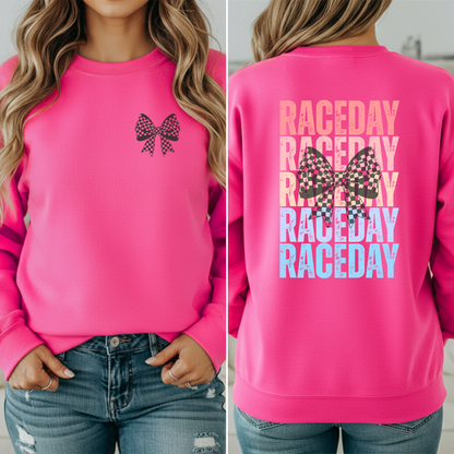 Raceday with Checkered BowCrewneck Sweatshirt, Racetrack Apparel, Racing Sweatshirt