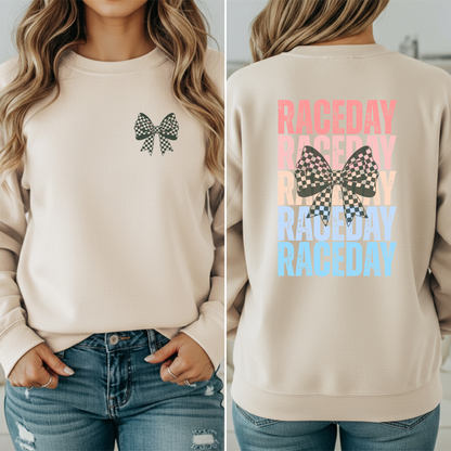 Raceday with Checkered BowCrewneck Sweatshirt, Racetrack Apparel, Racing Sweatshirt