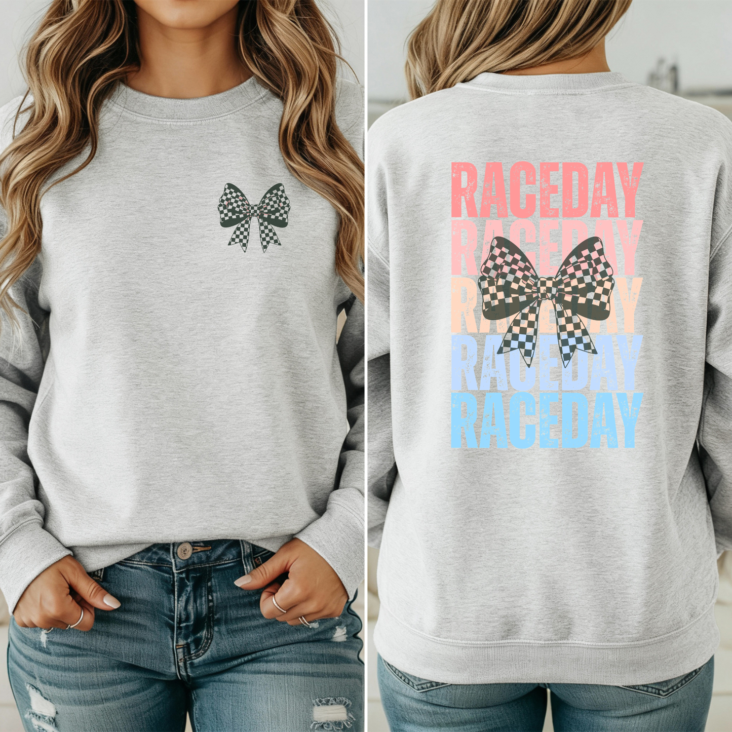 Raceday with Checkered BowCrewneck Sweatshirt, Racetrack Apparel, Racing Sweatshirt